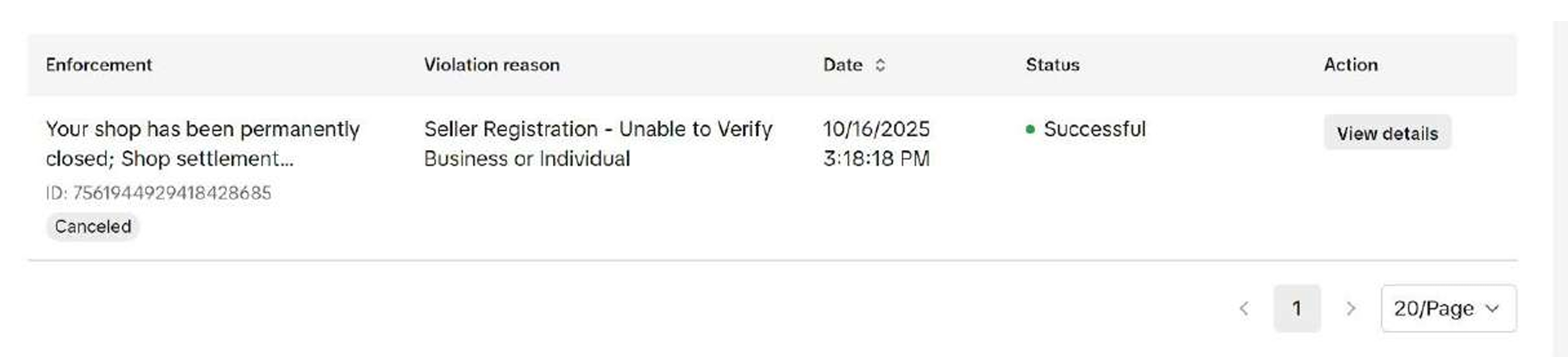 TikTok Shop enforcement record for a seller-registration verification issue, showing a Canceled label and Successful status.